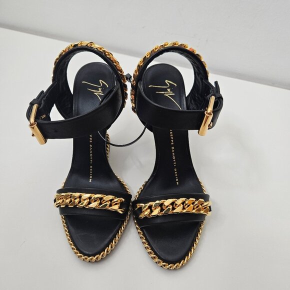Giuseppe Zanotti Black Leather Chain Link Detail Wedge Sandals Sz 4 US / 34 EUR - Picture 2 of 9